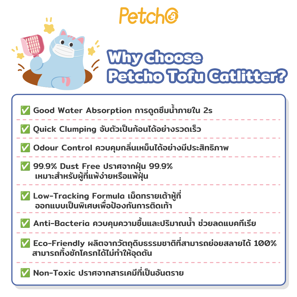 Petcho ทรายแมวเต้าหู้ถั่วลันเตา 1.5MM 10L/4.54KG