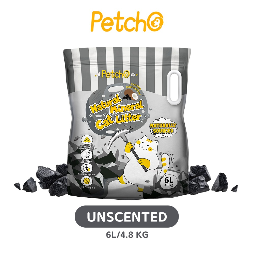 Petcho ทรายแมวภูเขาไฟ 98% Natural Sodium-based Mineral + 2% Coconut Shell Activated Charcoal 6L/4.8KG