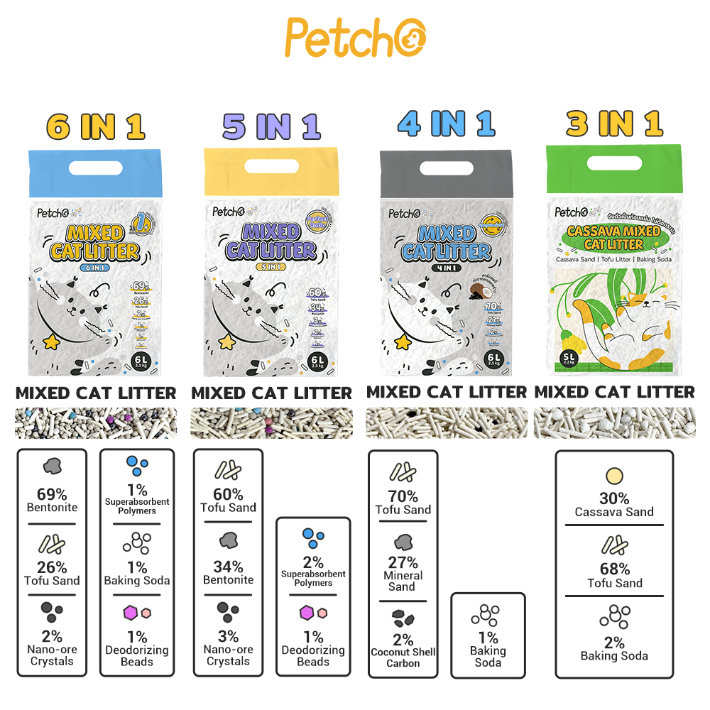 Petcho ทรายแมวผสม 6IN1 / 5IN1 / 4IN1 / CASSAVA  MIXED CAT LITTER 6L/2.5KG