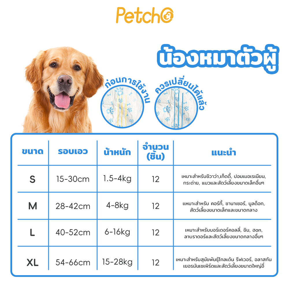 Petcho ผ้าอ้อมสุนัขเพศผู้แบบใช้แล้วทิ้ง XS-XL