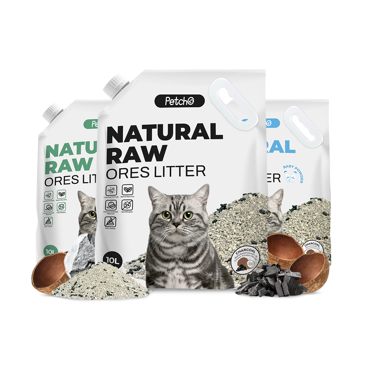 Petcho ทรายแมวภูเขาไฟ 95% Natural Sodium-based Mineral + 5% Coconut Shell Activated Charcoal 10L/8KG