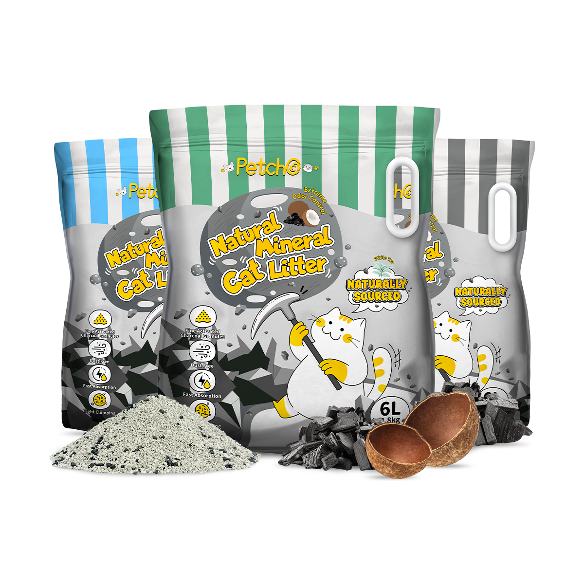 Petcho ทรายแมวภูเขาไฟ 98% Natural Sodium-based Mineral + 2% Coconut Shell Activated Charcoal 6L/4.8KG